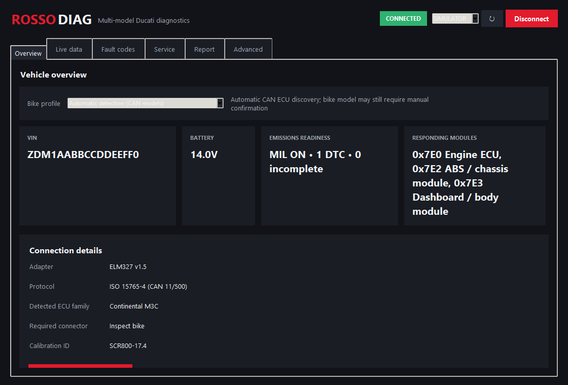 RossoDiag overview showing vehicle identity and diagnostic status