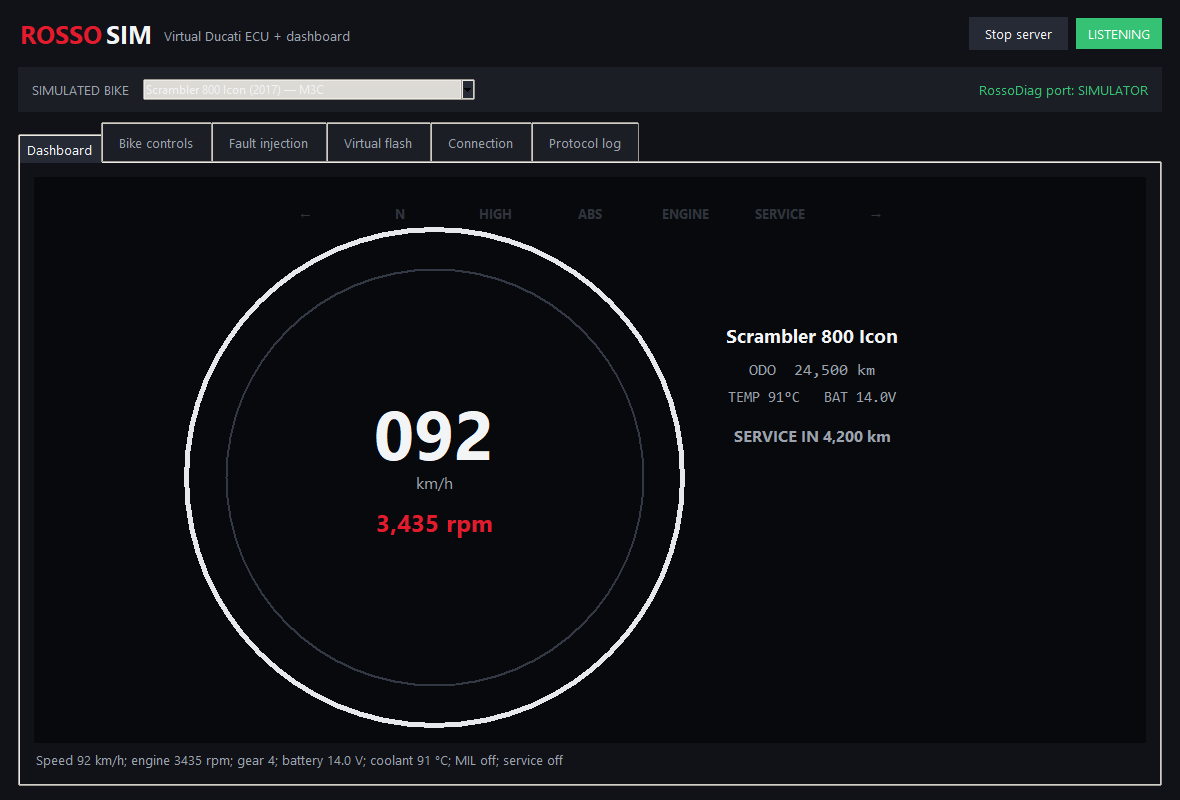 Rosso ECU Simulator bike controls and dashboard